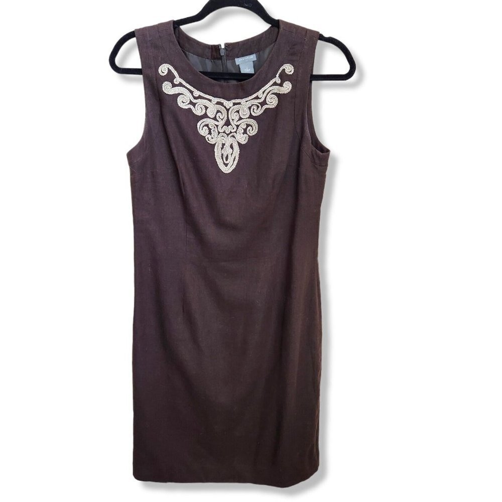 Ann Taylor Size 6 Linen Blend Rayon Dress Brown‎  Embroidered Shift Dress